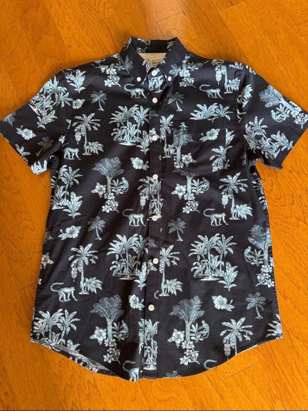 Penguin mens Short-Sleeve Button-Down Shirt Blue Tropical Monkey print